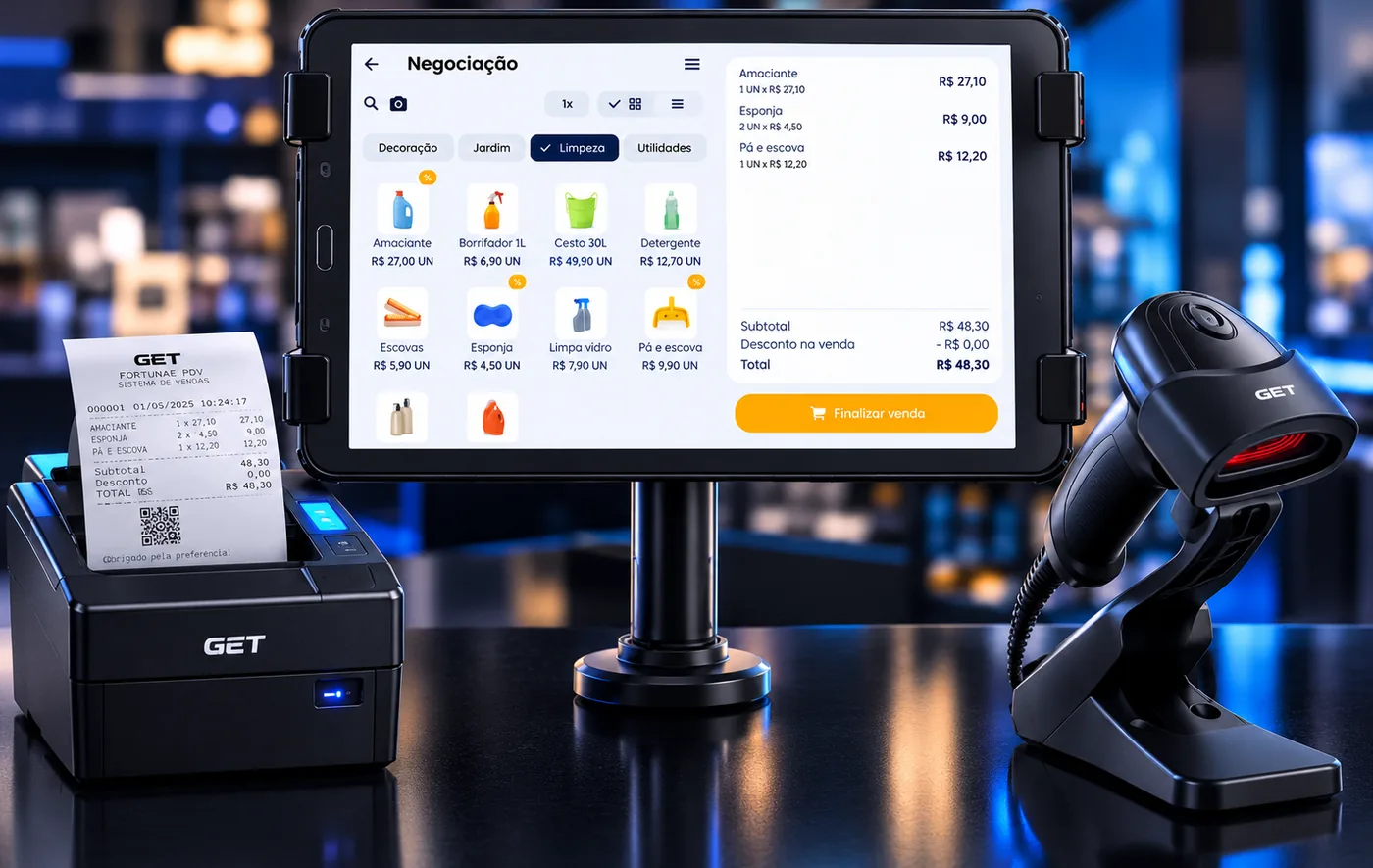 Frente de caixa do FORTUNAE PDV em tablet com leitor de código de barras e impressora térmica